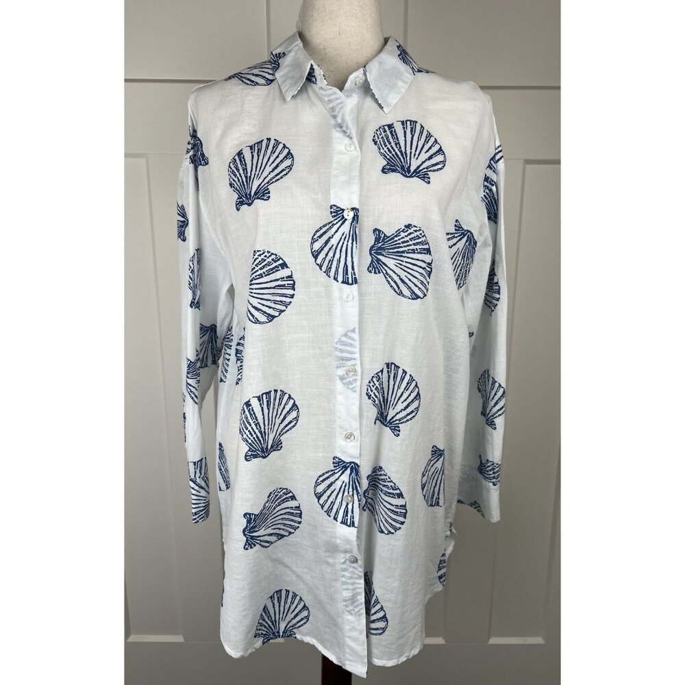 Blue Island Beach Shell Print Swim Cover Up Shirt Dress NWT L White Blue Cotton